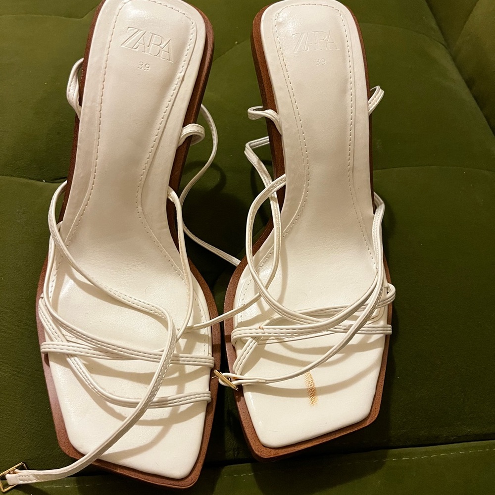 ZARA White Strappy Square-Toe Heeled Sandals